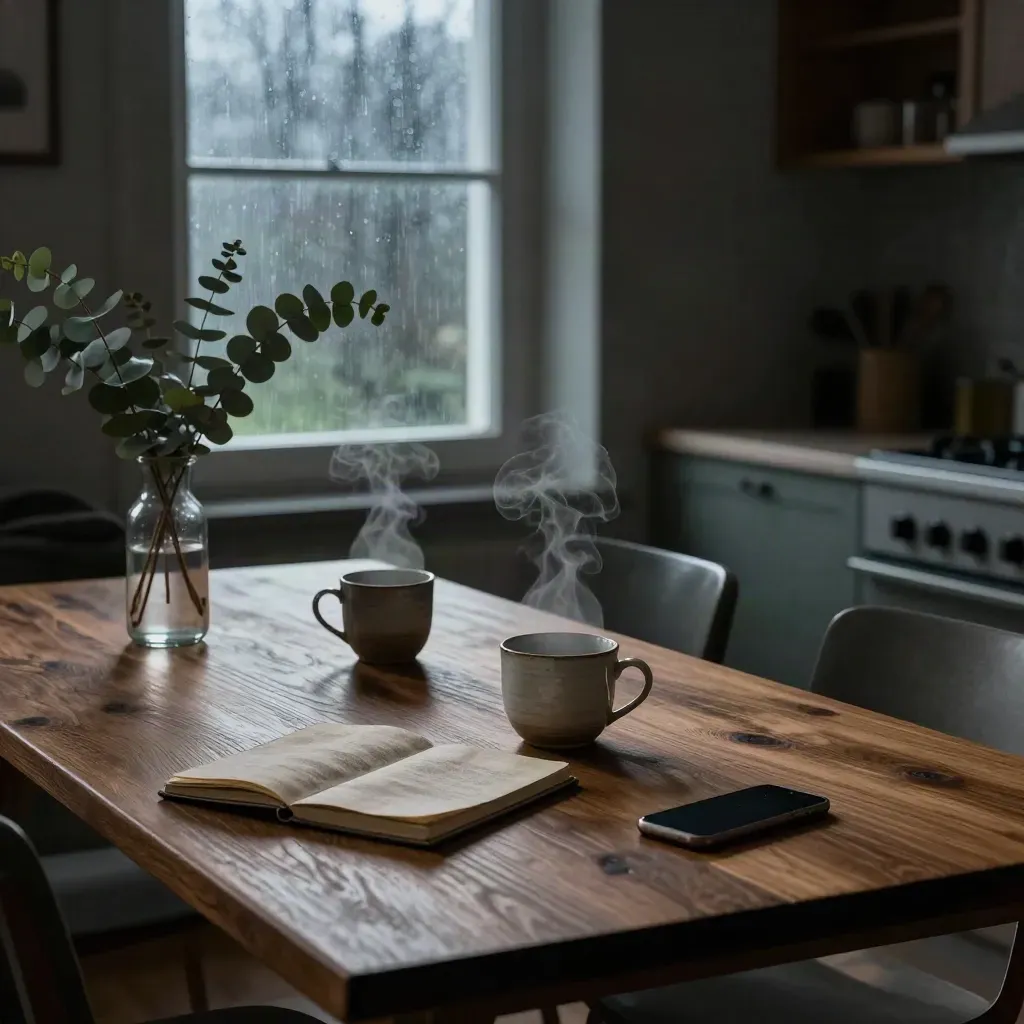 Regnig morgon i kök med två koppar, anteckningsbok och eukalyptus på mörk ekbord.