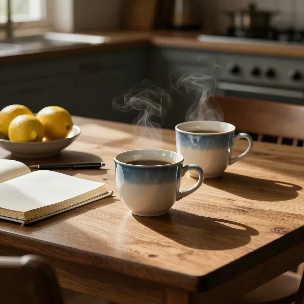 Två kaffekoppar, en stängd anteckningsbok, penna och citroner på ett köksbord i mjukt ljus.