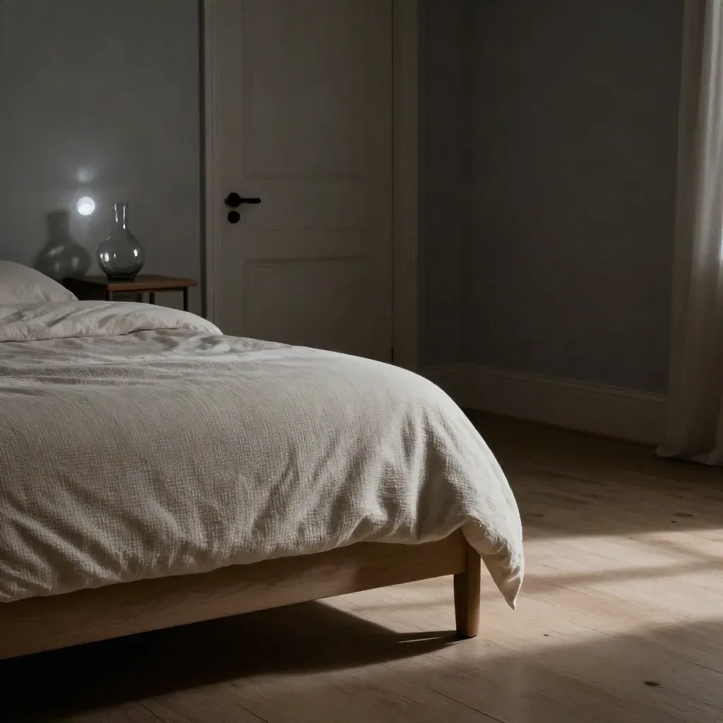 Sovrumshörna i nattljus med stängd dörr, asknattduksbord, glasvas och vikt filt.