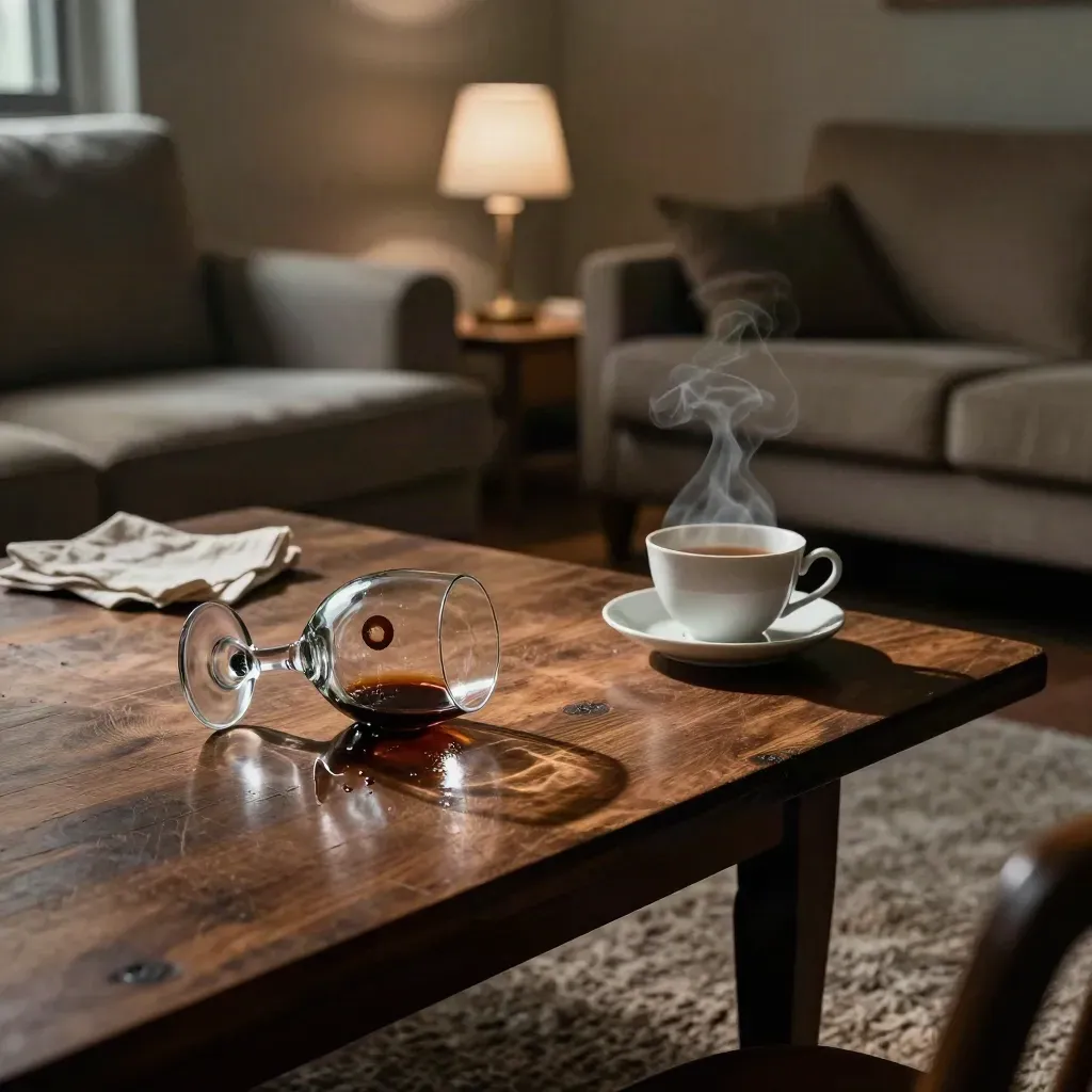 Vält glas, skjuten stol, skrynklig servett, släckt lampa och ångande tekopp vid vardagsrumsbord.
