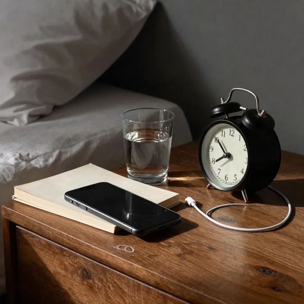 Nattduksbord med telefon, bok, vattenglas, laddkabel och väckarklocka i mörk nattstämning