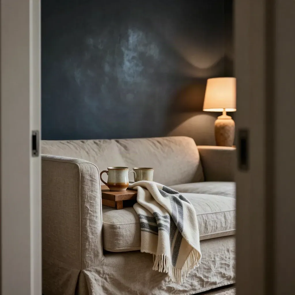 Vardagsrum med soffa, två muggar, vikt pläd och varm lampa i mjukt skymningsljus.